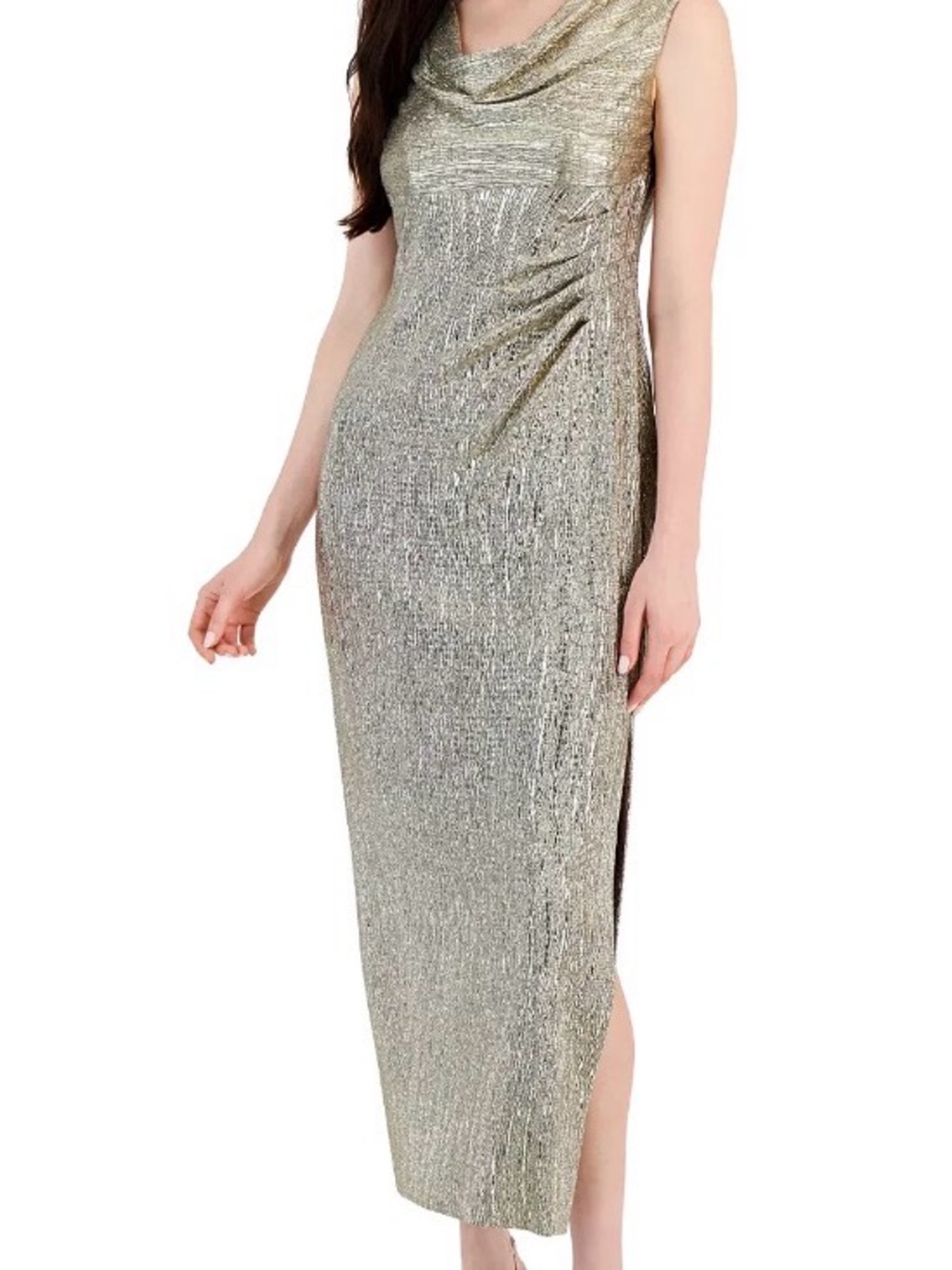 Connected Apparel Shimmery Gold Cowl-Neck Maxi Dress